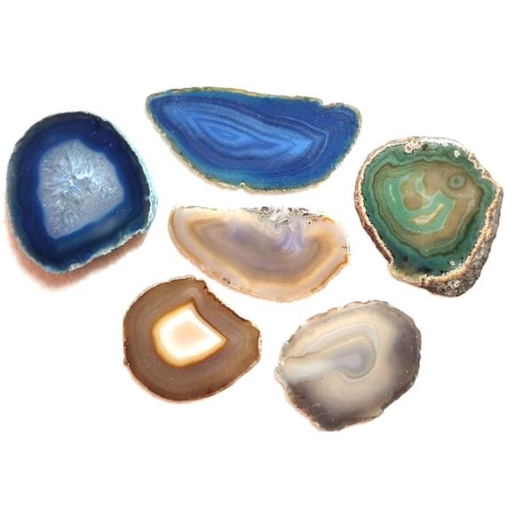 6 Pc Agate Slices Lot Stone Banded Blue Green Gray Tan Paperweight Brazilian - Picture 1 of 8